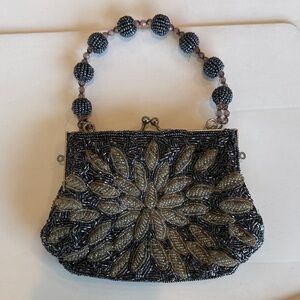 Beaded Blue Gray Floral Evening Bag with Bead-Handled Strap